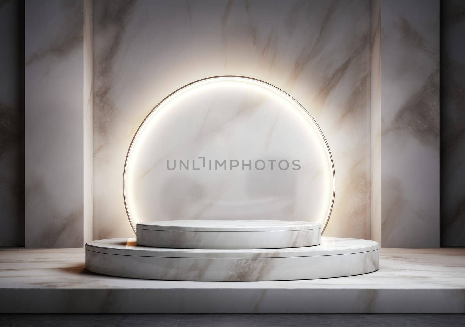 abstract modern minimal background with cobblestones on the wet floor. Trendy showcase with golden round frame and empty platform for product displaying by PeaceYAY