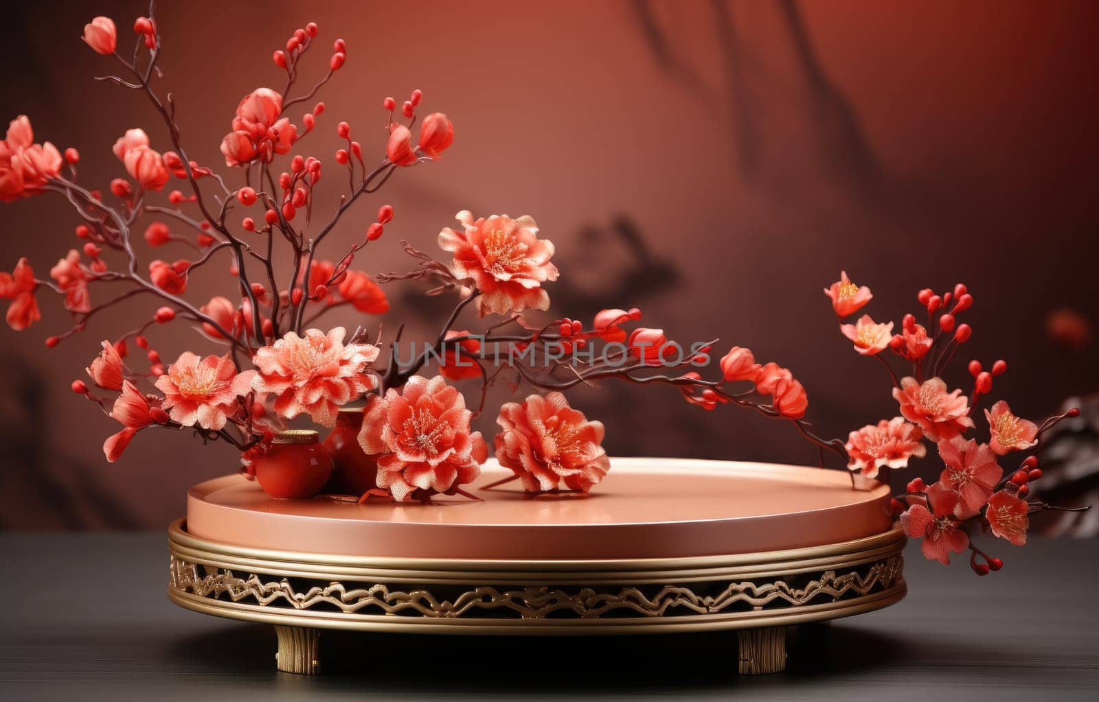 red cylinder podium for products display presentation, Chinese new year, Chinese Festivals, Mid Autumn Festival, poster, greeting card