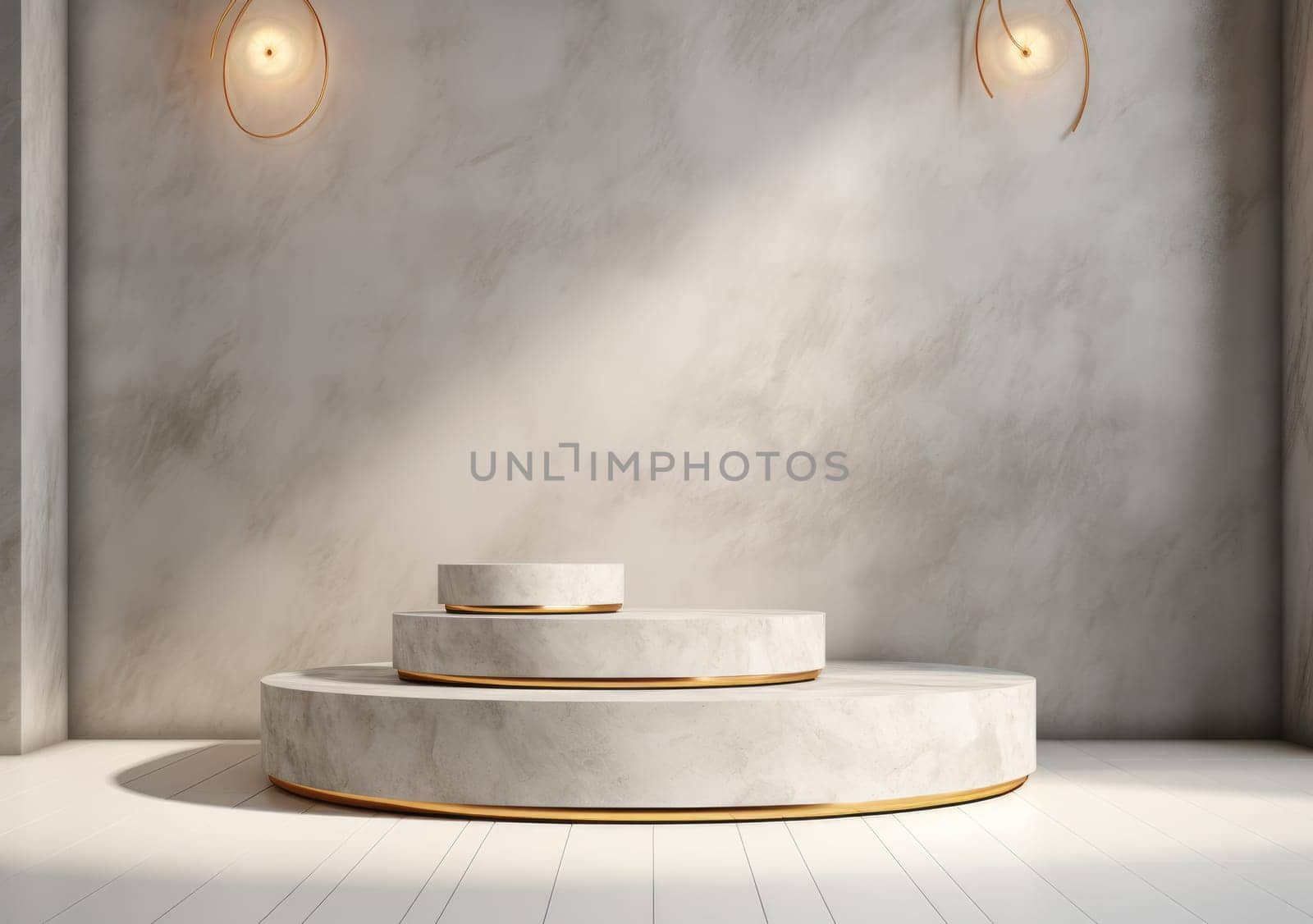 abstract modern minimal background with cobblestones on the wet floor. Trendy showcase with golden round frame and empty platform for product displaying by PeaceYAY