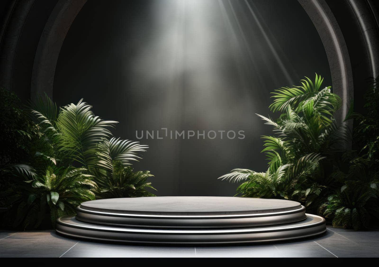 Dark podium, showcase for advertising products and goods. Display with natural stones and green tropical branches. Background for natural cosmetics and branding.