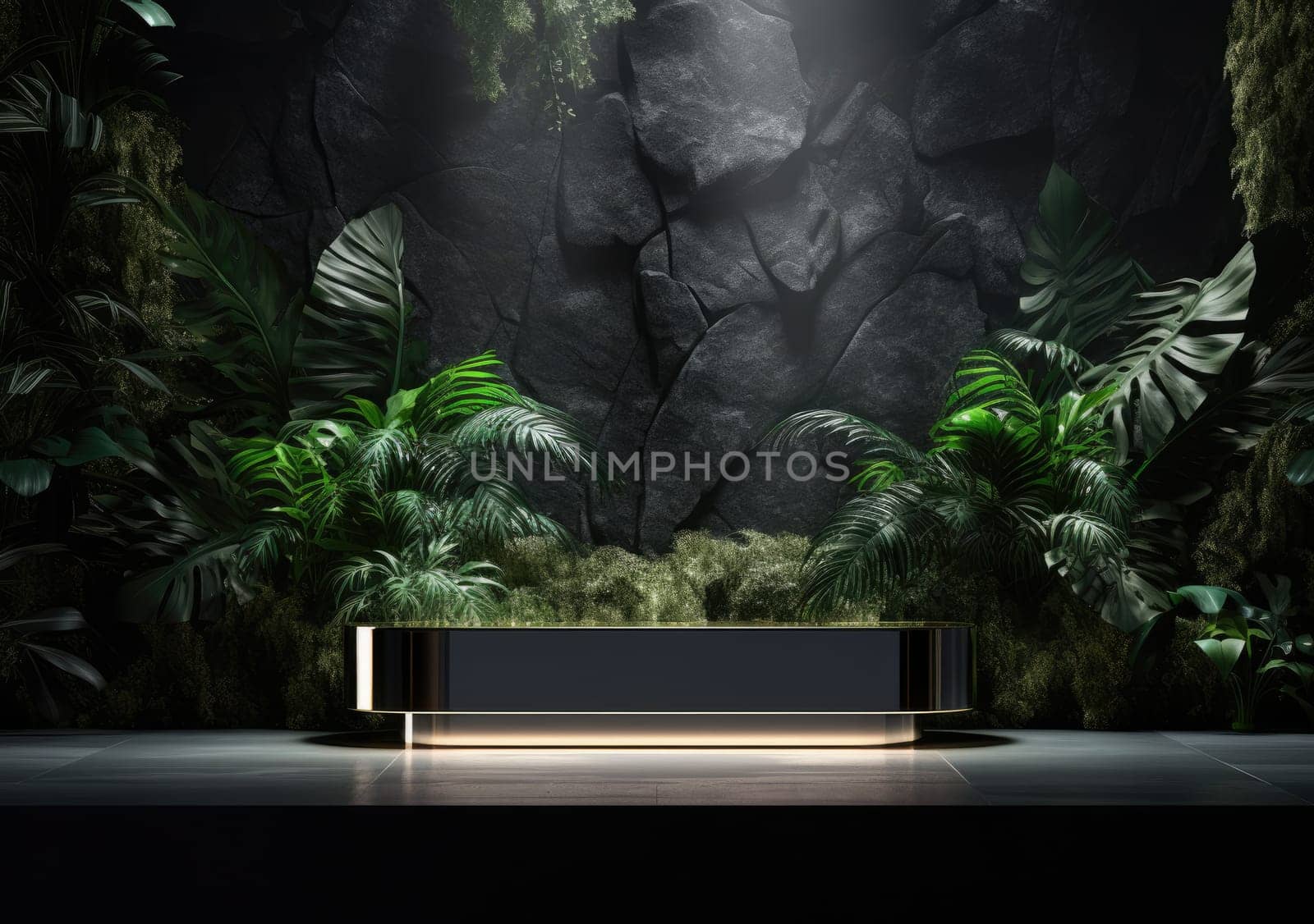 Dark podium, showcase for advertising products and goods. Display with natural stones and green tropical branches. Background for natural cosmetics and branding by PeaceYAY