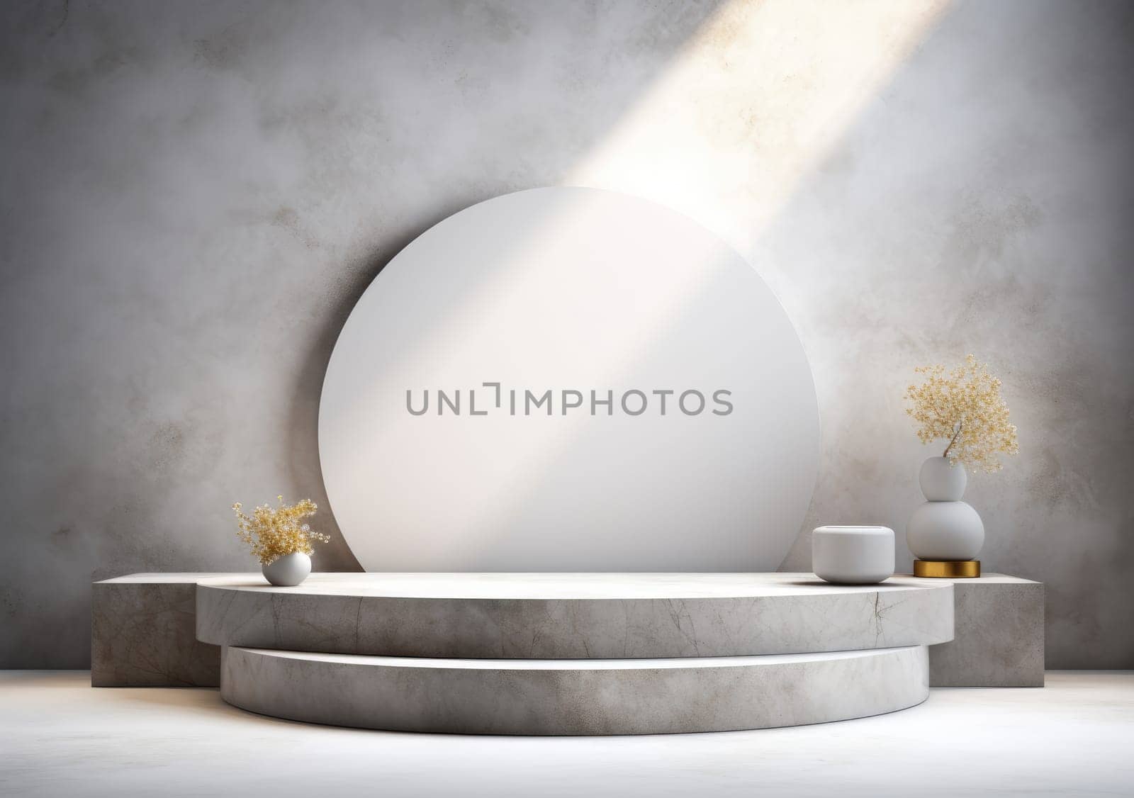 abstract modern minimal background with cobblestones on the wet floor. Trendy showcase with golden round frame and empty platform for product displaying by PeaceYAY