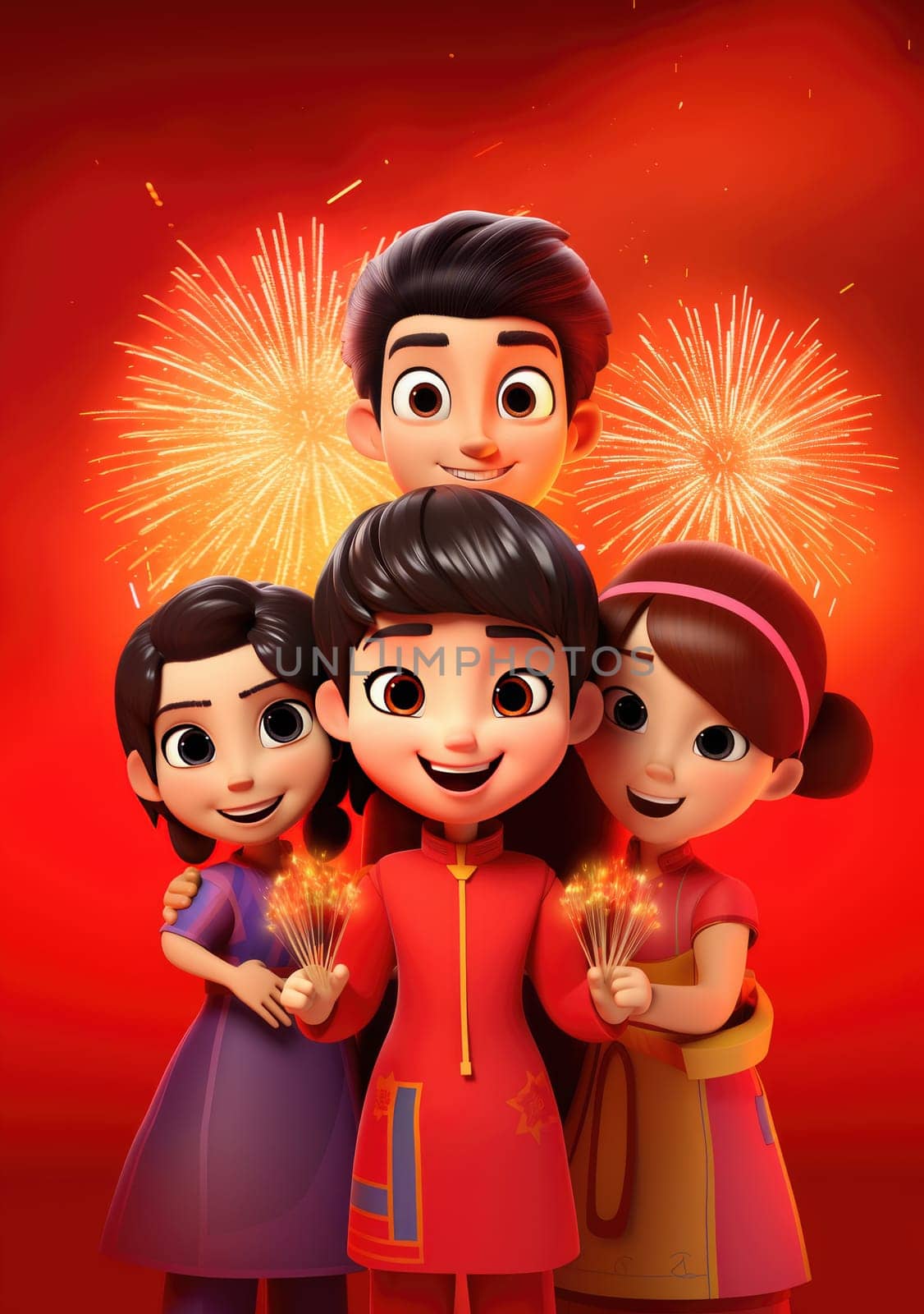 cute of character kids group friends on red chines culture suit of Chinese new year celebration concept with happy and funny.