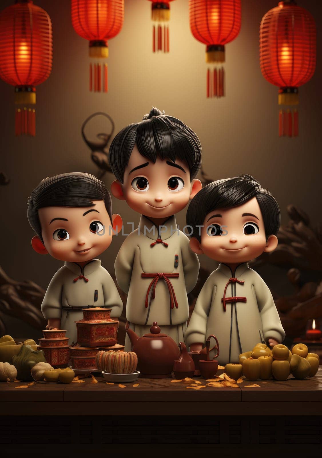 cute of character kids group friends on red chines culture suit of Chinese new year celebration concept with happy and funny.