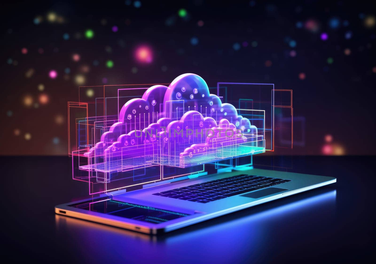 Business cloud computing: digital screen with application cloud service at neon style.