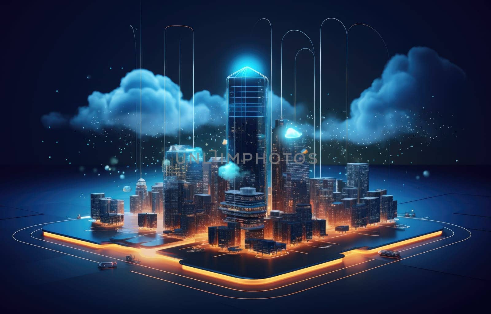 Cloud computing concept. Smart city wireless internet communication with cloud storage, cloud services. Download, upload data on server. by PeaceYAY