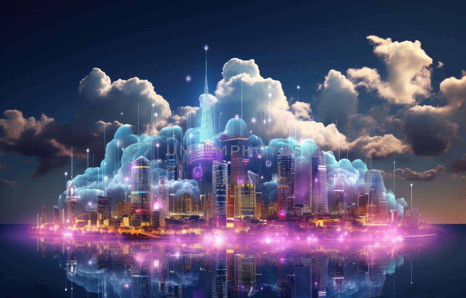 Cloud computing concept. Smart city wireless internet communication with cloud storage, cloud services. Download, upload data on server. Digital cloud over virtual Smart City on podium.