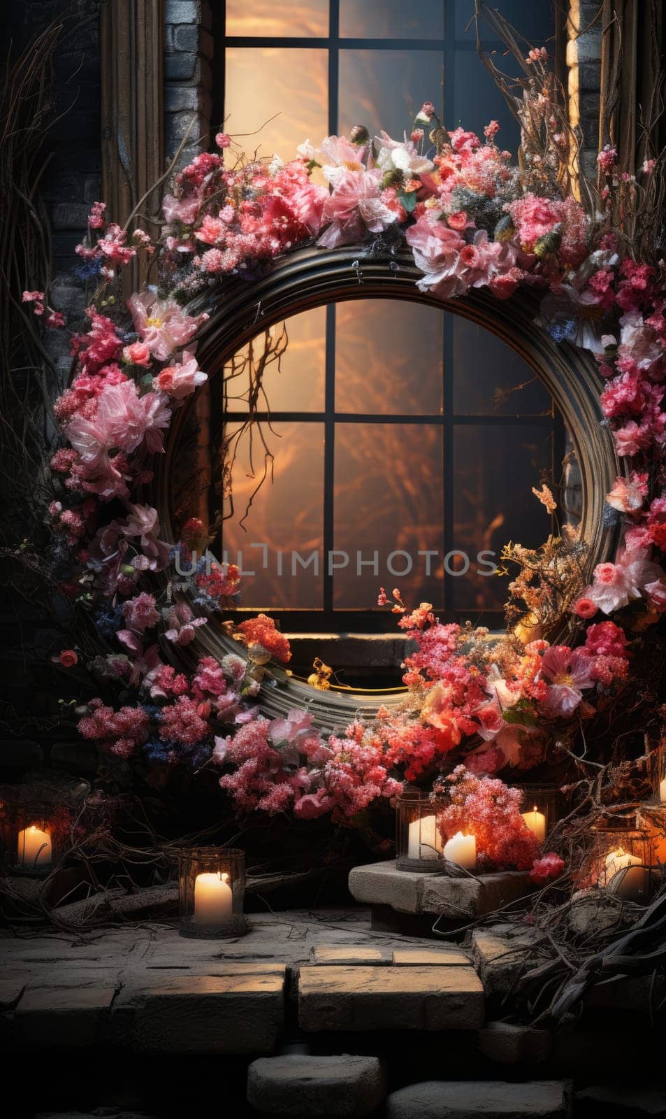 floral hoop digital backdrops. shoot set up with prop Flower and wood backdrop. Flower on hanging round.