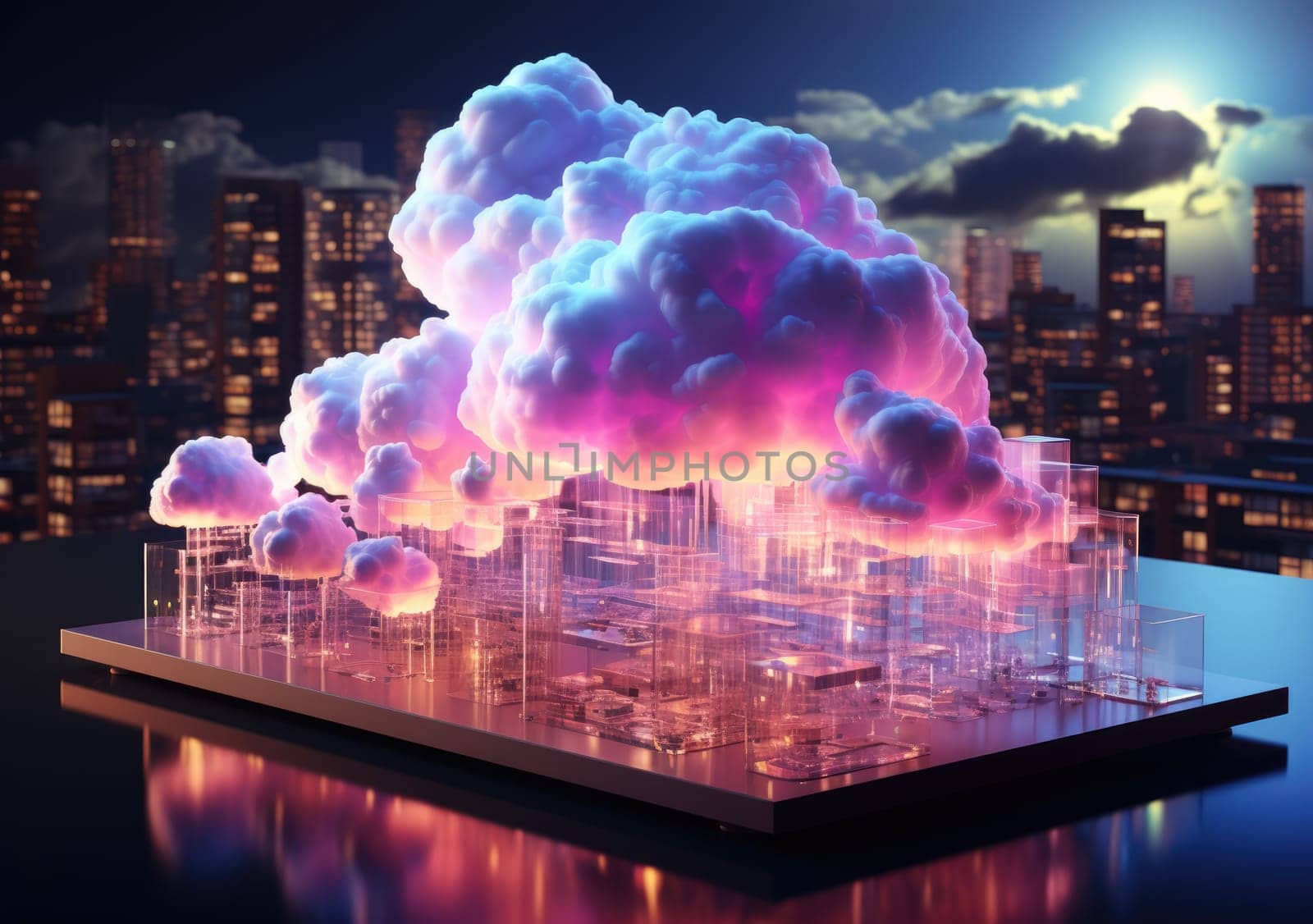 Business cloud computing: digital screen with application cloud service at neon style by PeaceYAY
