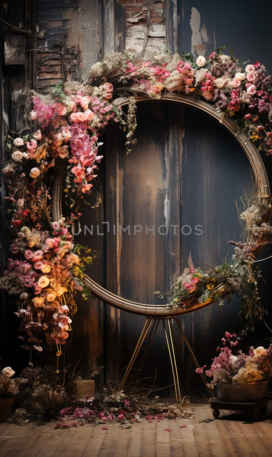 floral hoop digital backdrops. shoot set up with prop Flower and wood backdrop. Flower on hanging round