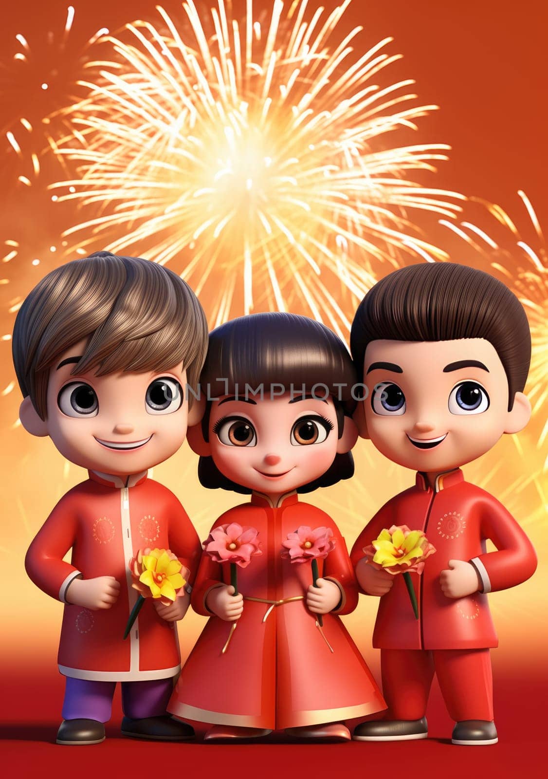 cute of character kids group friends on red chines culture suit of Chinese new year celebration concept with happy and funny.