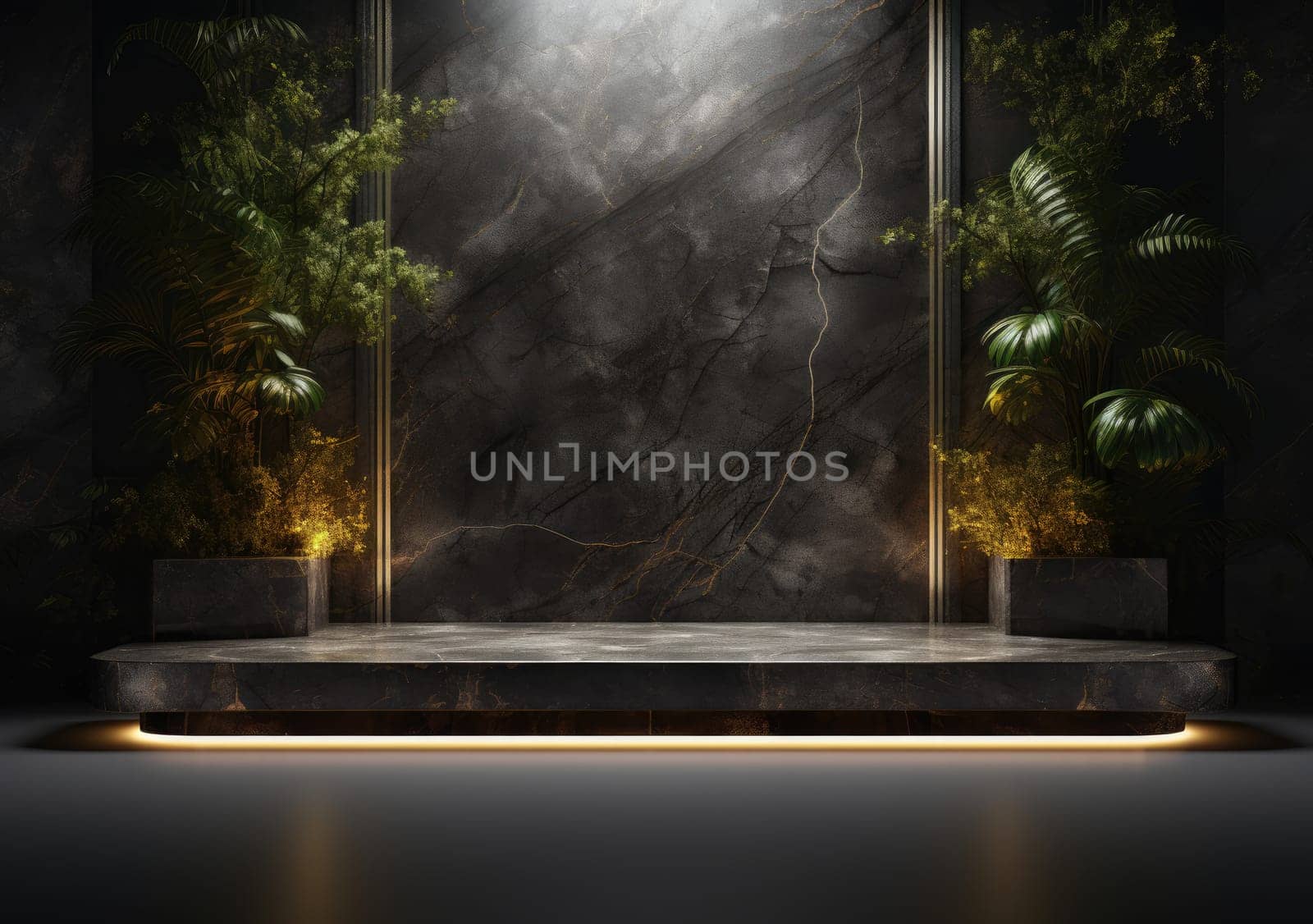 Dark podium, showcase for advertising products and goods. Display with natural stones and green tropical branches. Background for natural cosmetics and branding by PeaceYAY