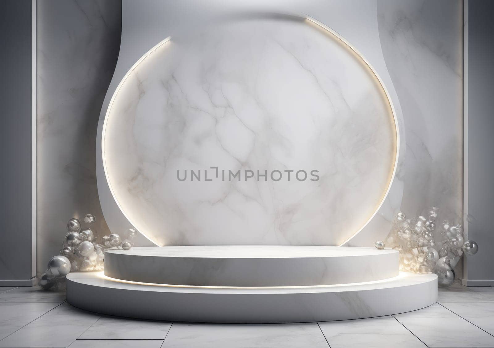 abstract modern minimal background with cobblestones on the wet floor. Trendy showcase with golden round frame and empty platform for product displaying.