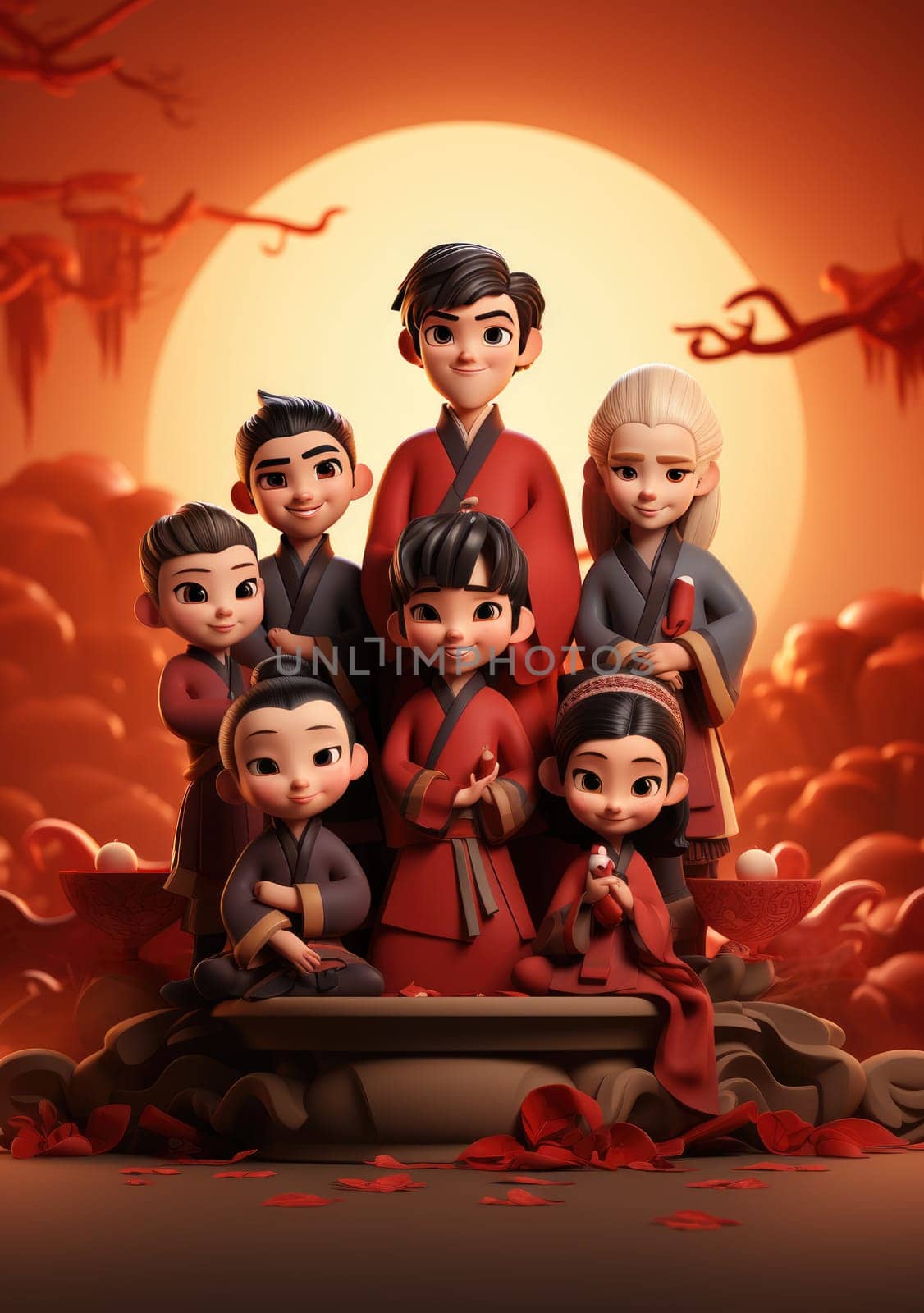 cute of character kids group friends on red chines culture suit of Chinese new year celebration concept with happy and funny by PeaceYAY