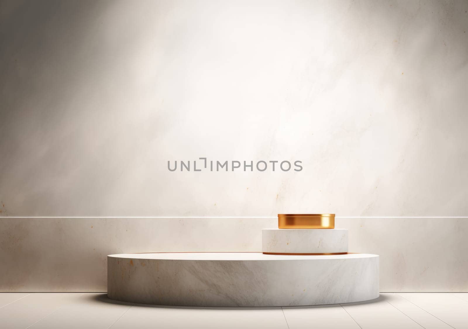 abstract modern minimal background with cobblestones on the wet floor. Trendy showcase with golden round frame and empty platform for product displaying.