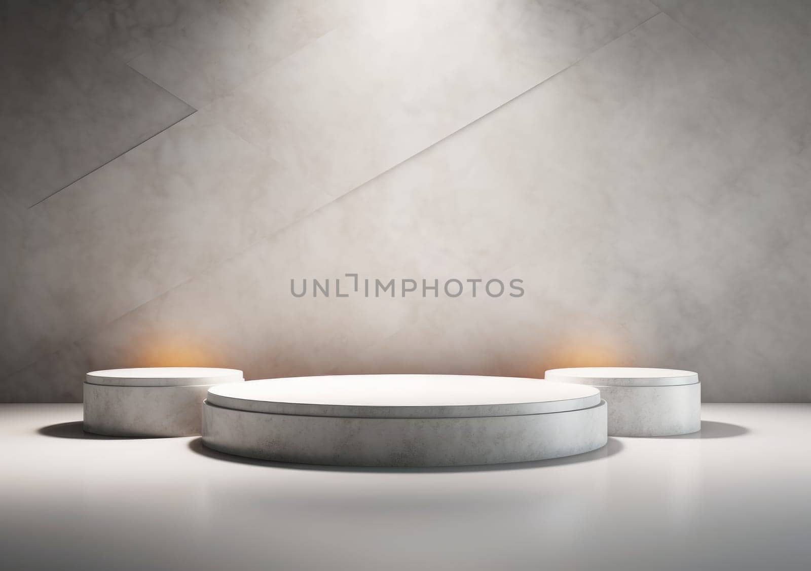 abstract modern minimal background with cobblestones on the wet floor. Trendy showcase with golden round frame and empty platform for product displaying.