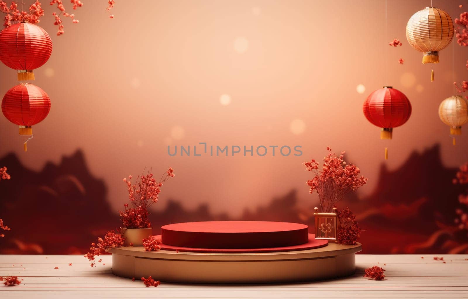 red cylinder podium for products display presentation, Chinese new year, Chinese Festivals, Mid Autumn Festival, poster, greeting card