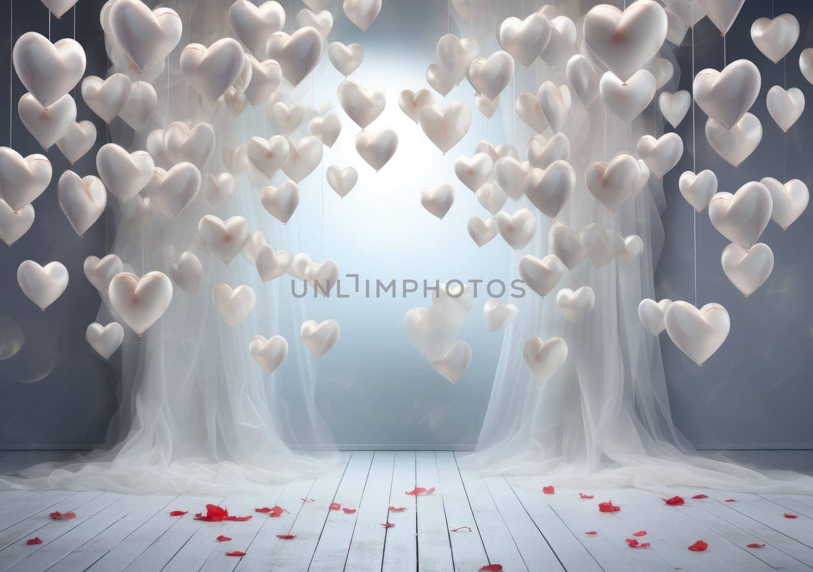 floating hearts in a white studio, backdrop by PeaceYAY