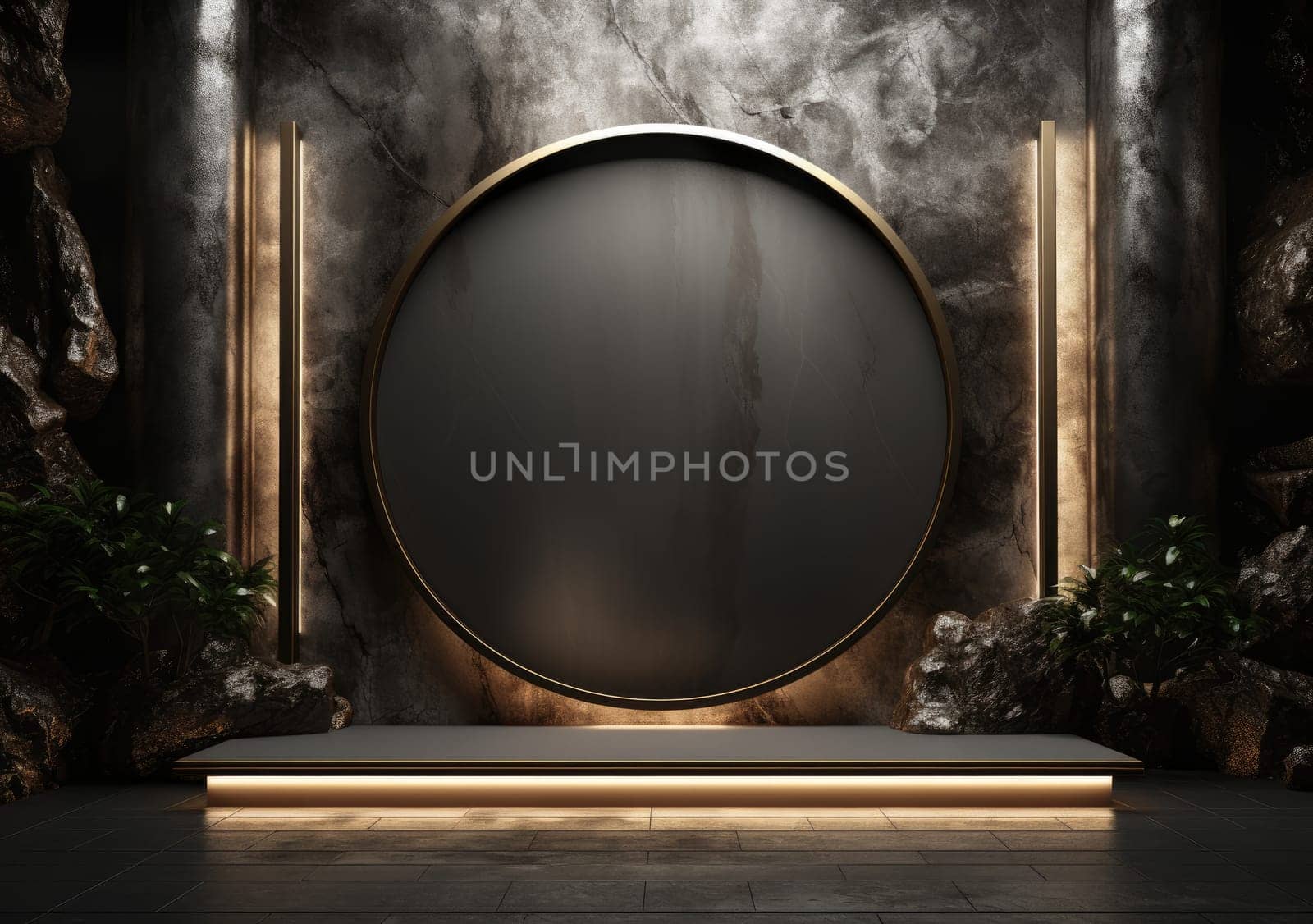 Dark podium, showcase for advertising products and goods. Display with natural stones and green tropical branches. Background for natural cosmetics and branding.