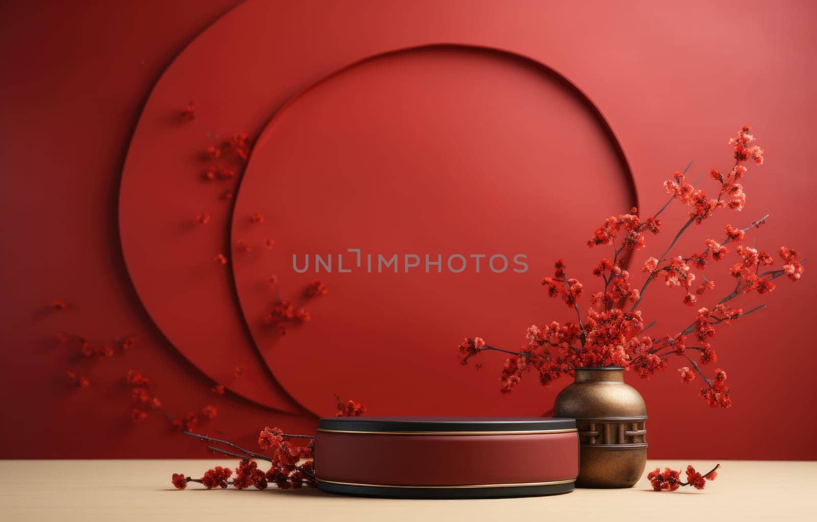 red cylinder podium for products display presentation, Chinese new year, Chinese Festivals, Mid Autumn Festival, poster, greeting card. by PeaceYAY
