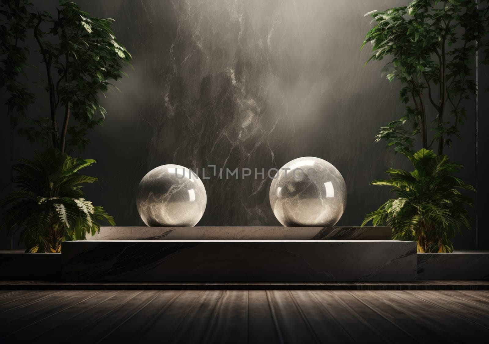 Dark podium, showcase for advertising products and goods. Display with natural stones and green tropical branches. Background for natural cosmetics and branding by PeaceYAY