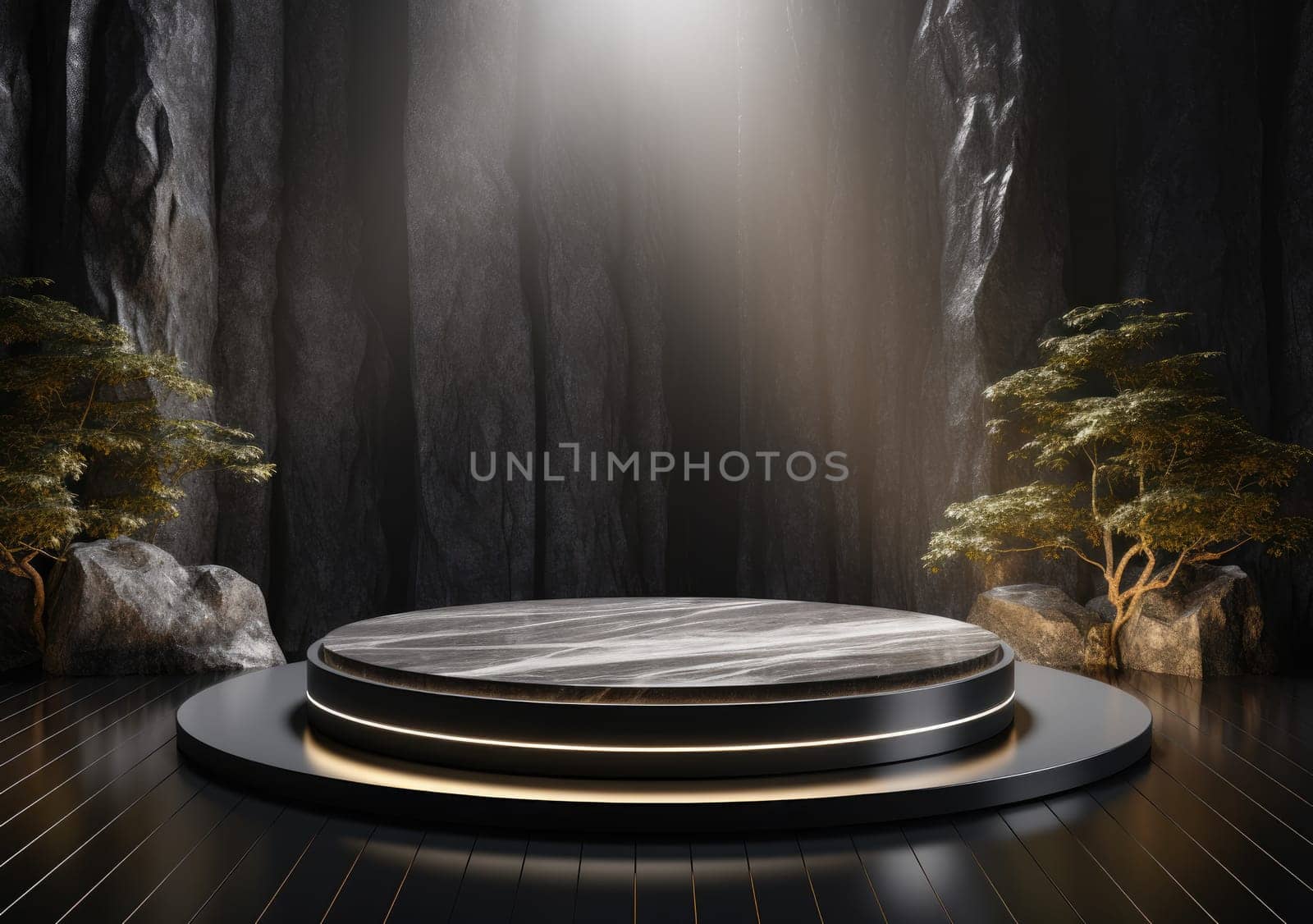 Dark podium, showcase for advertising products and goods. Display with natural stones and green tropical branches. Background for natural cosmetics and branding by PeaceYAY