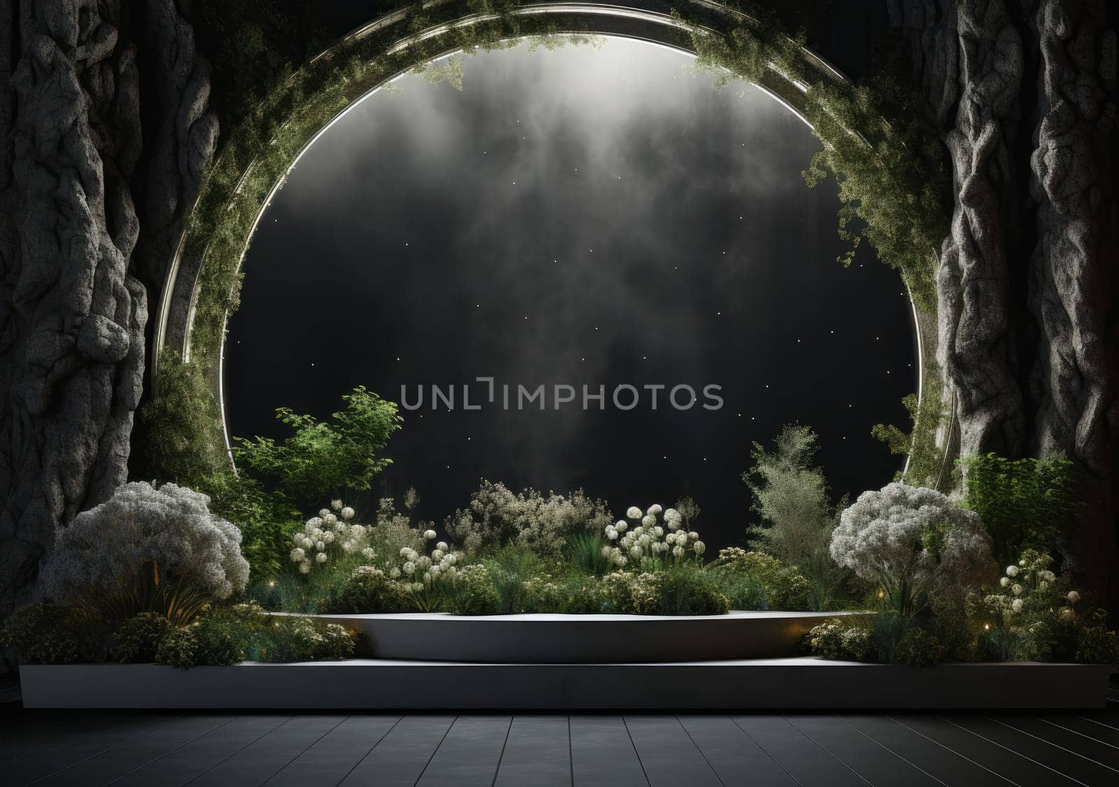 Dark podium, showcase for advertising products and goods. Display with natural stones and green tropical branches. Background for natural cosmetics and branding by PeaceYAY