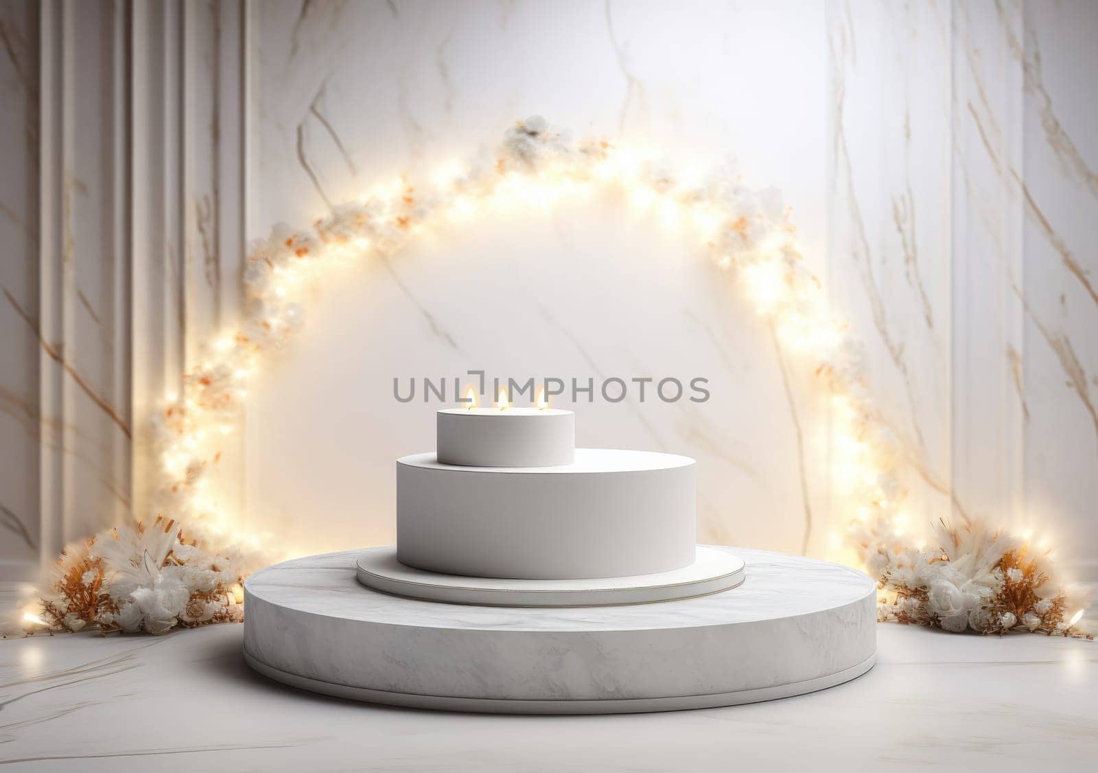 abstract modern minimal background with cobblestones on the wet floor. Trendy showcase with golden round frame and empty platform for product displaying by PeaceYAY