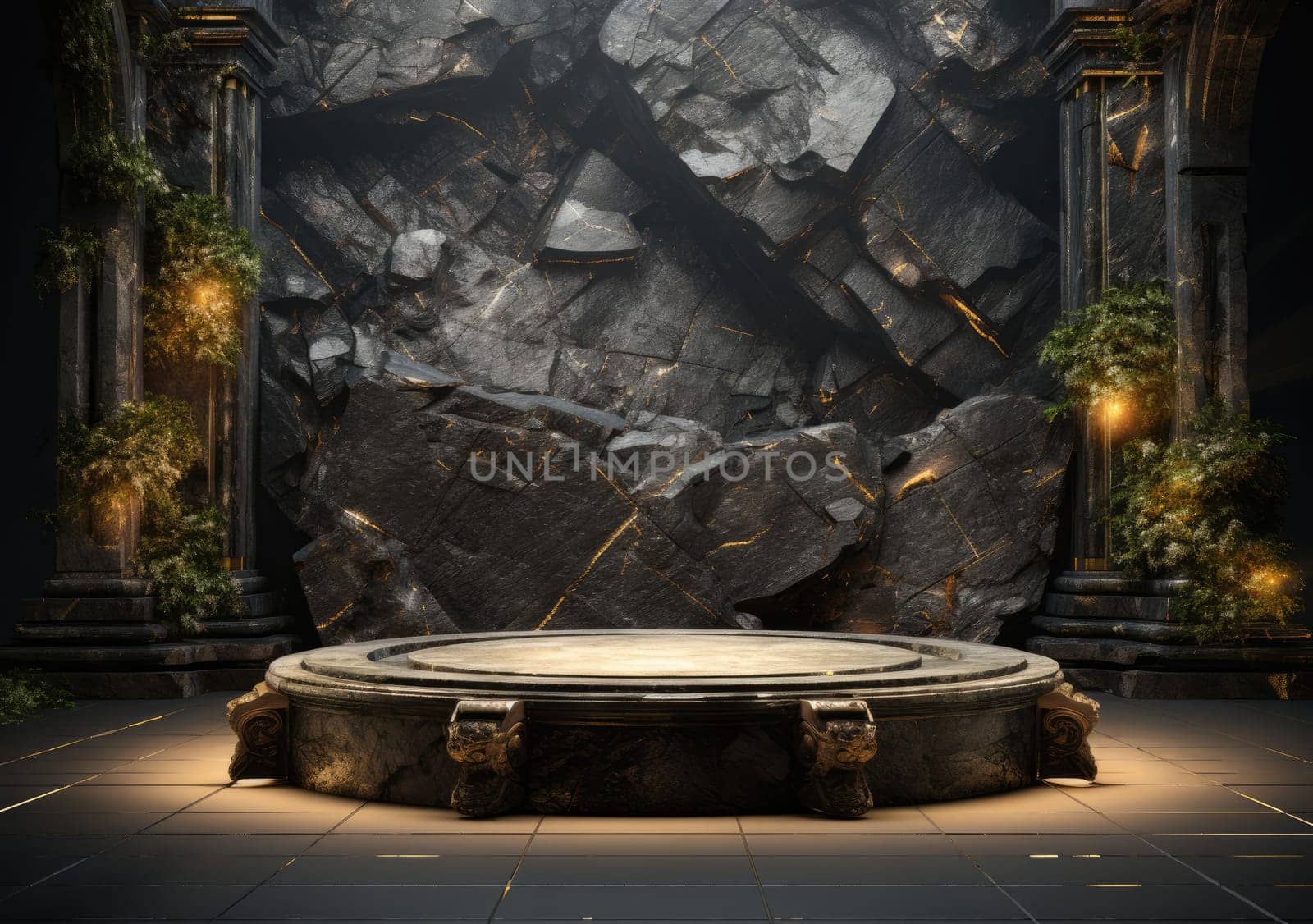 Dark podium, showcase for advertising products and goods. Display with natural stones and green tropical branches. Background for natural cosmetics and branding.