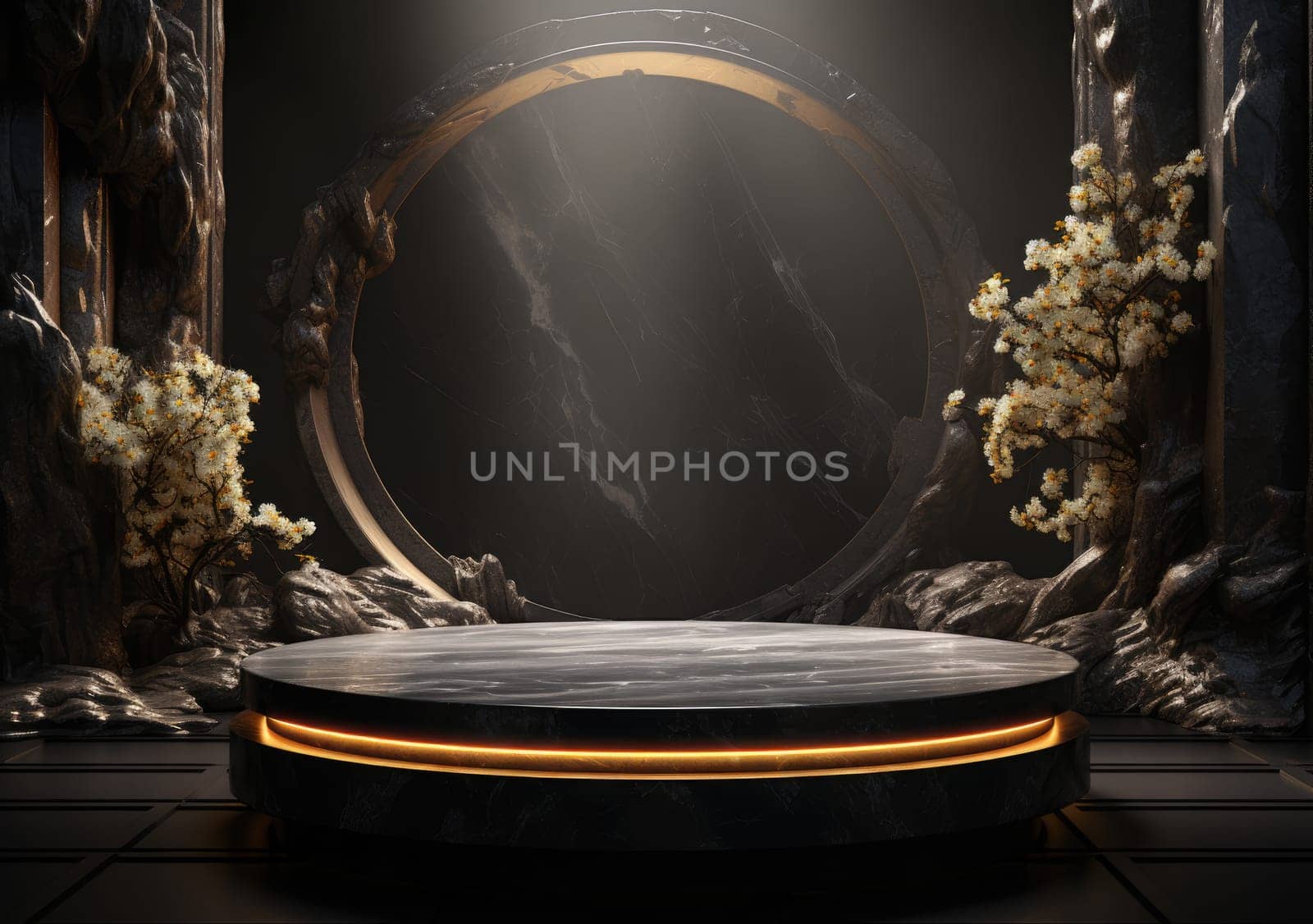 Dark podium, showcase for advertising products and goods. Display with natural stones and green tropical branches. Background for natural cosmetics and branding.