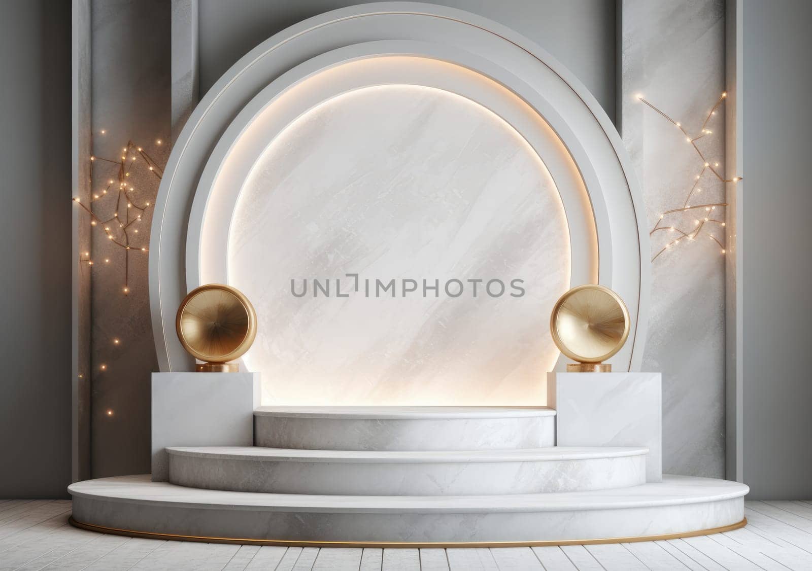 abstract modern minimal background with cobblestones on the wet floor. Trendy showcase with golden round frame and empty platform for product displaying by PeaceYAY