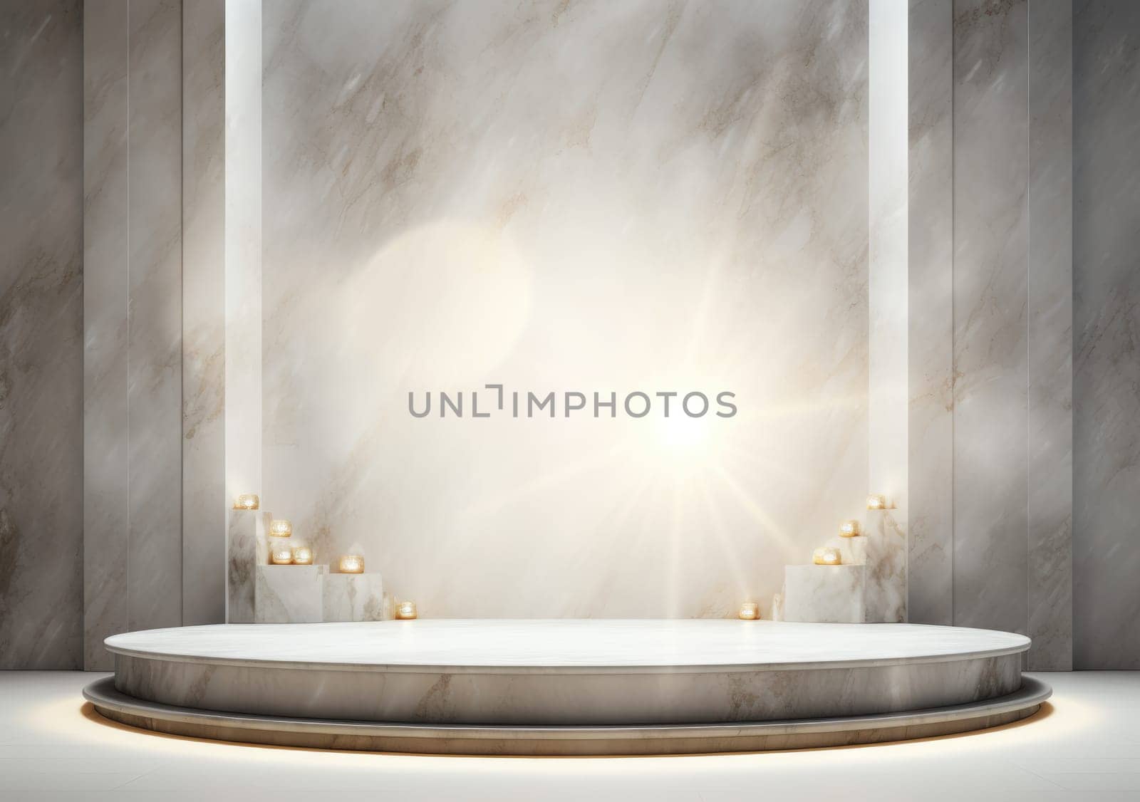 abstract modern minimal background with cobblestones on the wet floor. Trendy showcase with golden round frame and empty platform for product displaying.