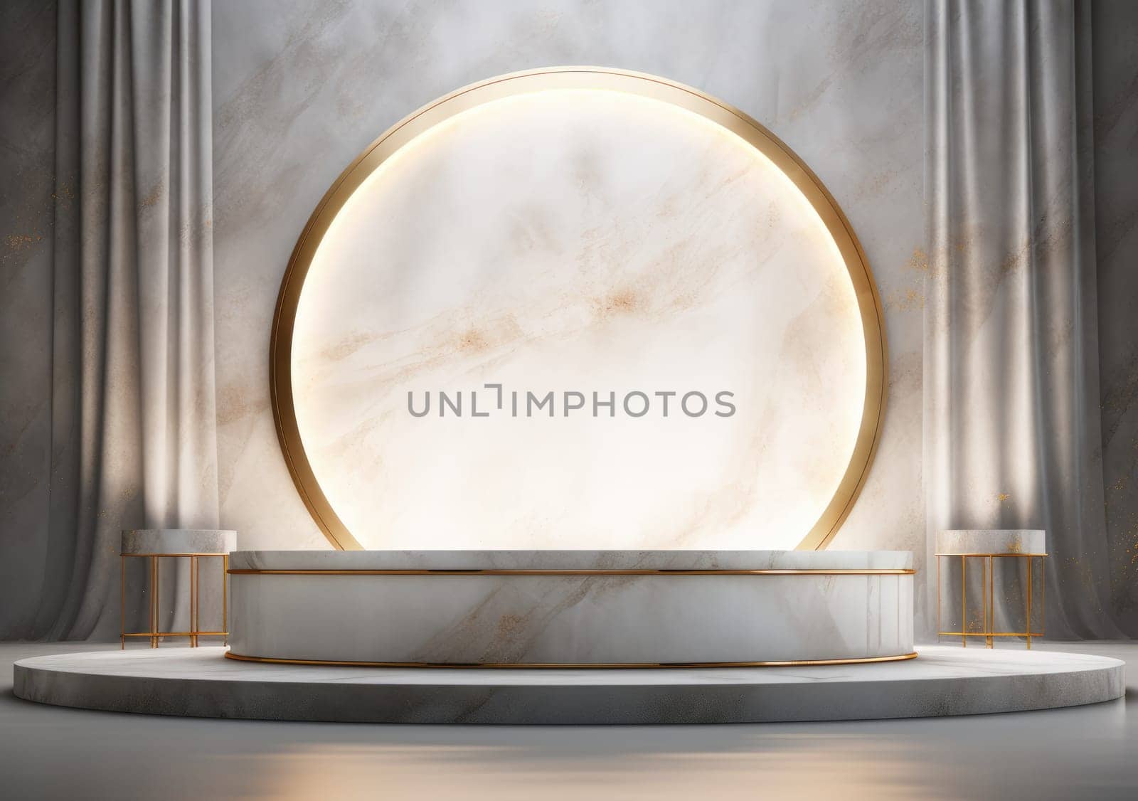 abstract modern minimal background with cobblestones on the wet floor. Trendy showcase with golden round frame and empty platform for product displaying.