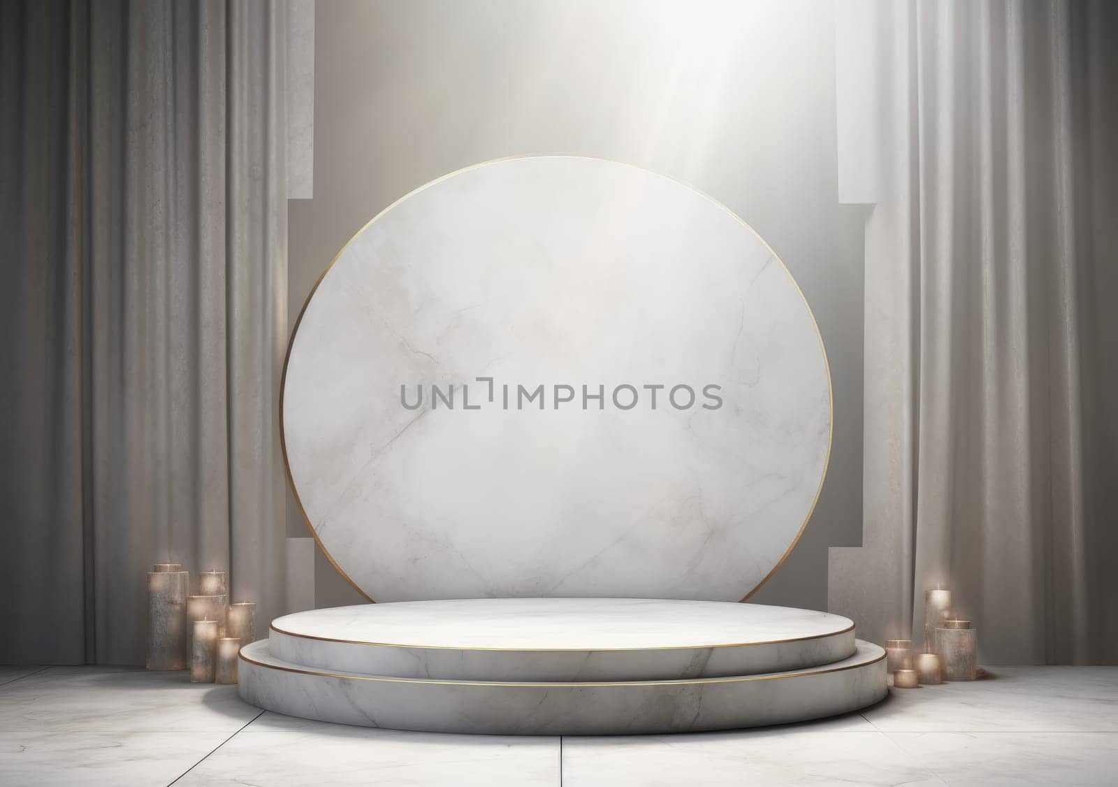 abstract modern minimal background with cobblestones on the wet floor. Trendy showcase with golden round frame and empty platform for product displaying by PeaceYAY