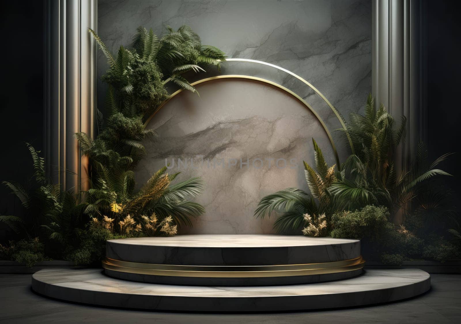 Dark podium, showcase for advertising products and goods. Display with natural stones and green tropical branches. Background for natural cosmetics and branding by PeaceYAY