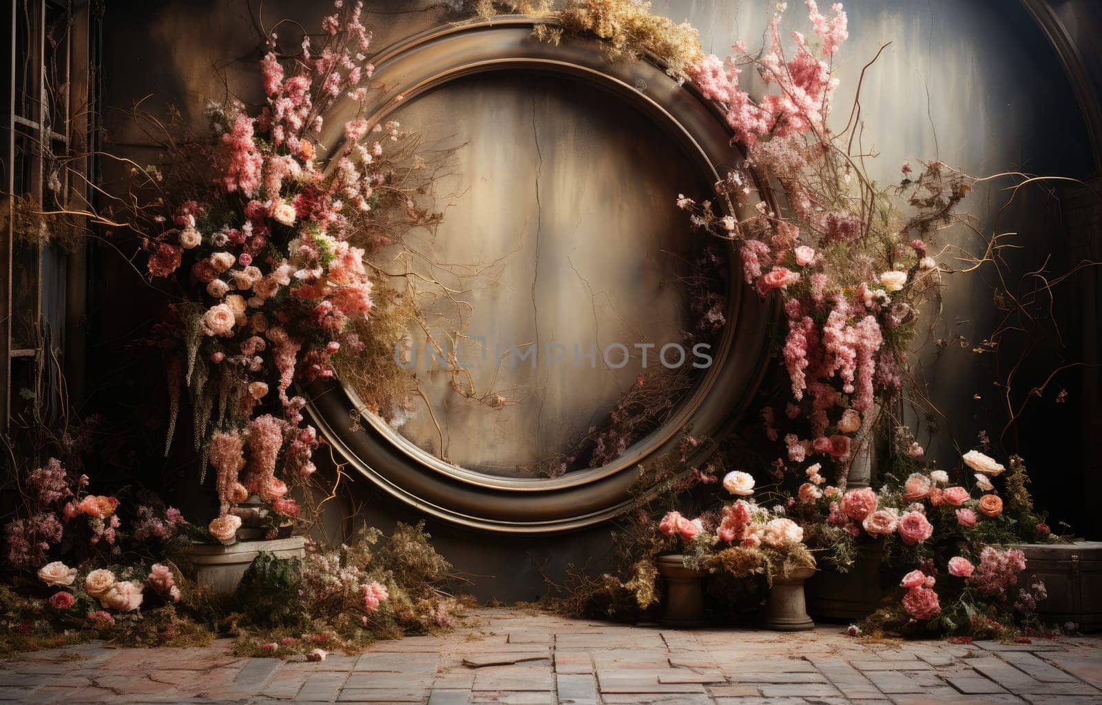 floral hoop digital backdrops. shoot set up with prop Flower and wood backdrop. Flower on hanging round.