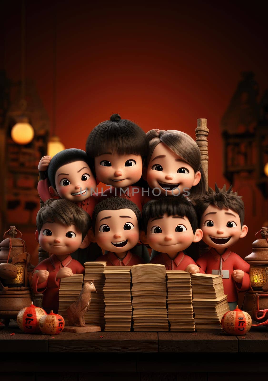 cute of character kids group friends on red chines culture suit of Chinese new year celebration concept with happy and funny by PeaceYAY