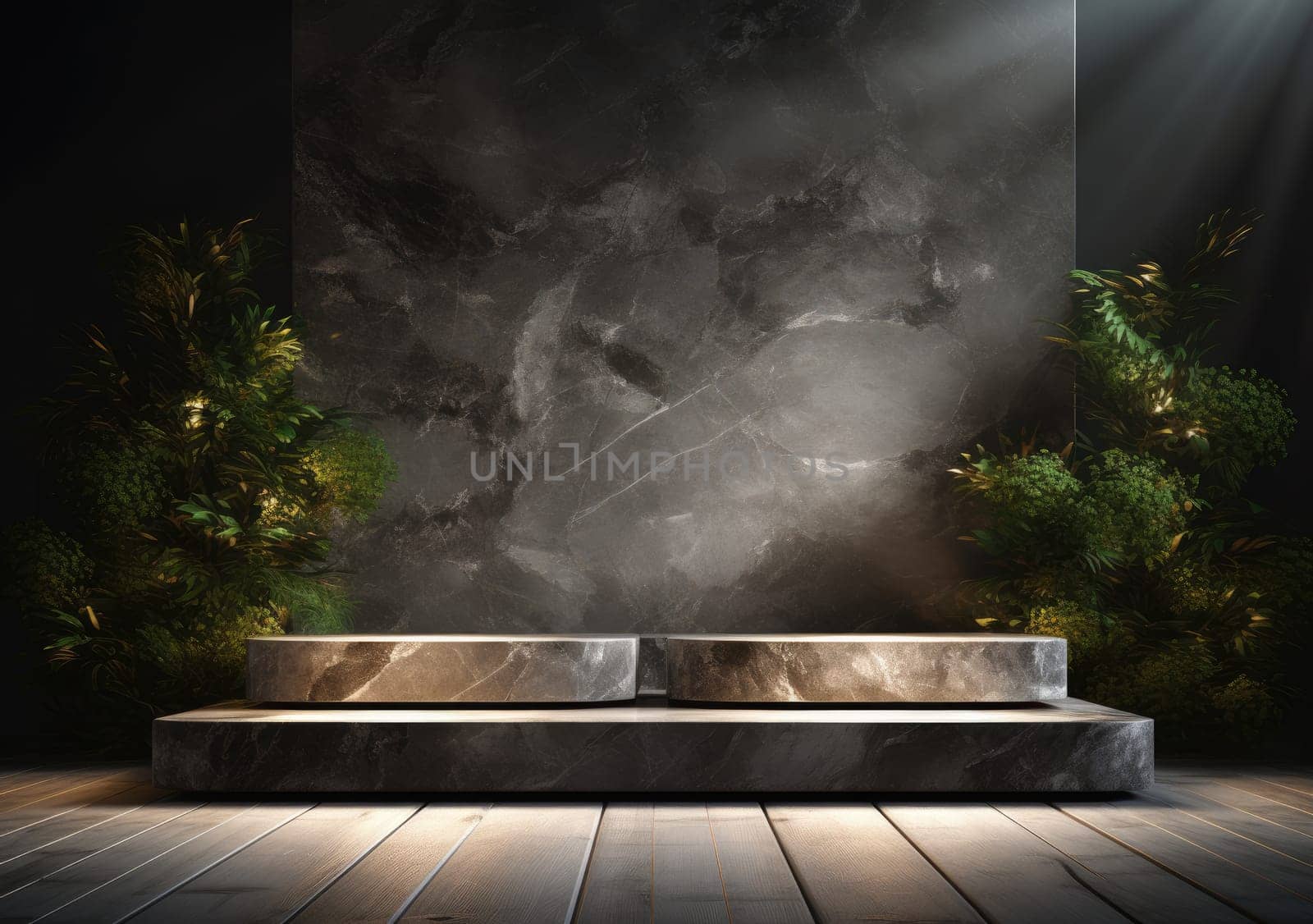 Dark podium, showcase for advertising products and goods. Display with natural stones and green tropical branches. Background for natural cosmetics and branding by PeaceYAY