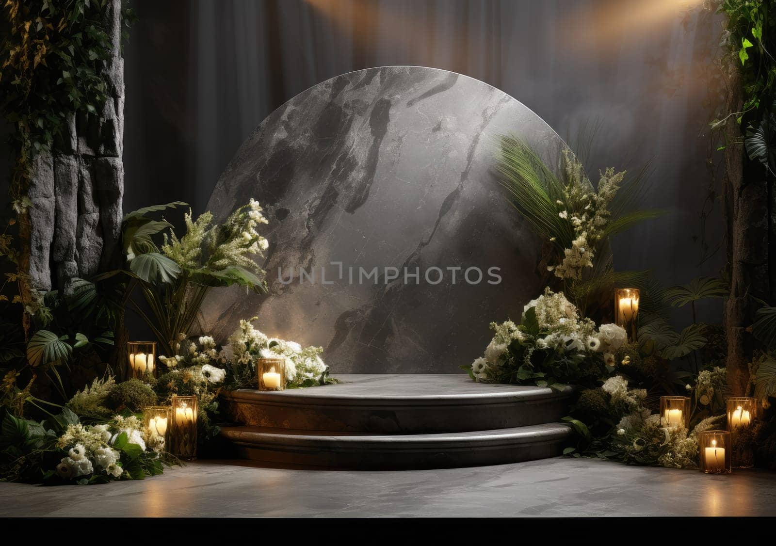 Dark podium, showcase for advertising products and goods. Display with natural stones and green tropical branches. Background for natural cosmetics and branding.