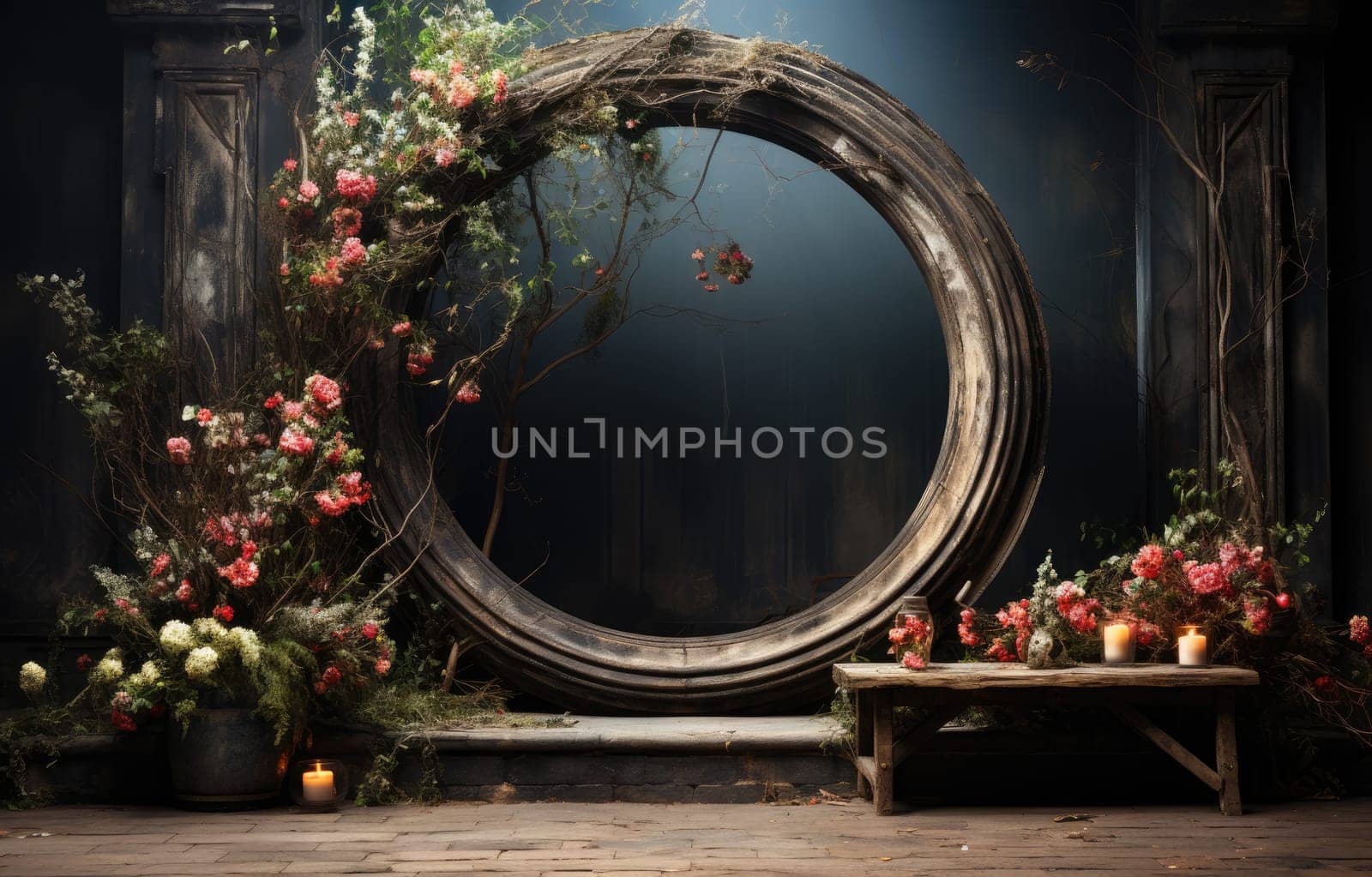 floral hoop digital backdrops. shoot set up with prop Flower and wood backdrop. Flower on hanging round by PeaceYAY