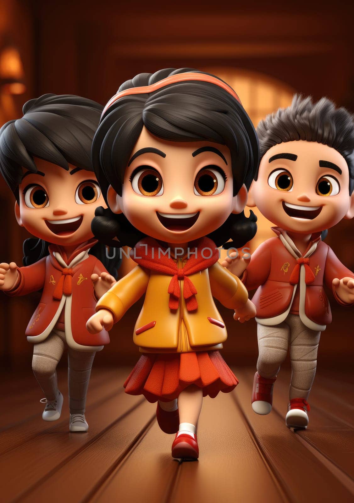 cute of character kids group friends on red chines culture suit of Chinese new year celebration concept with happy and funny by PeaceYAY