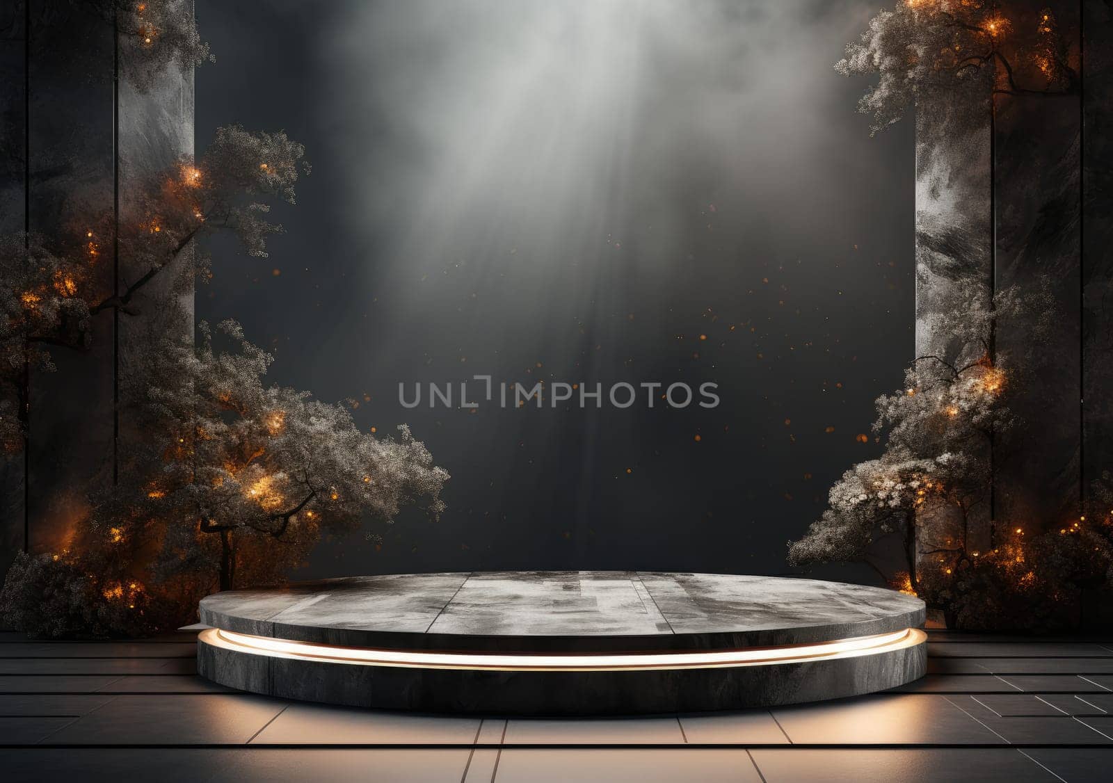 Dark podium, showcase for advertising products and goods. Display with natural stones and green tropical branches. Background for natural cosmetics and branding.