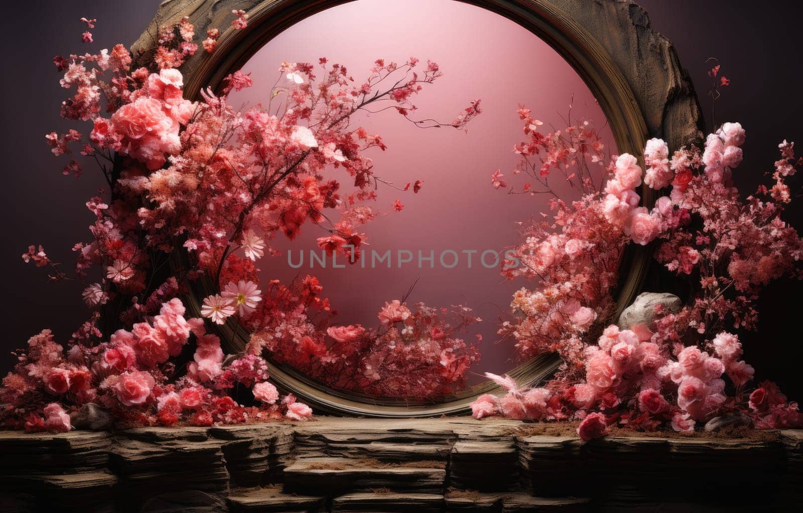 floral hoop digital backdrops. shoot set up with prop Flower and wood backdrop. Flower on hanging round.