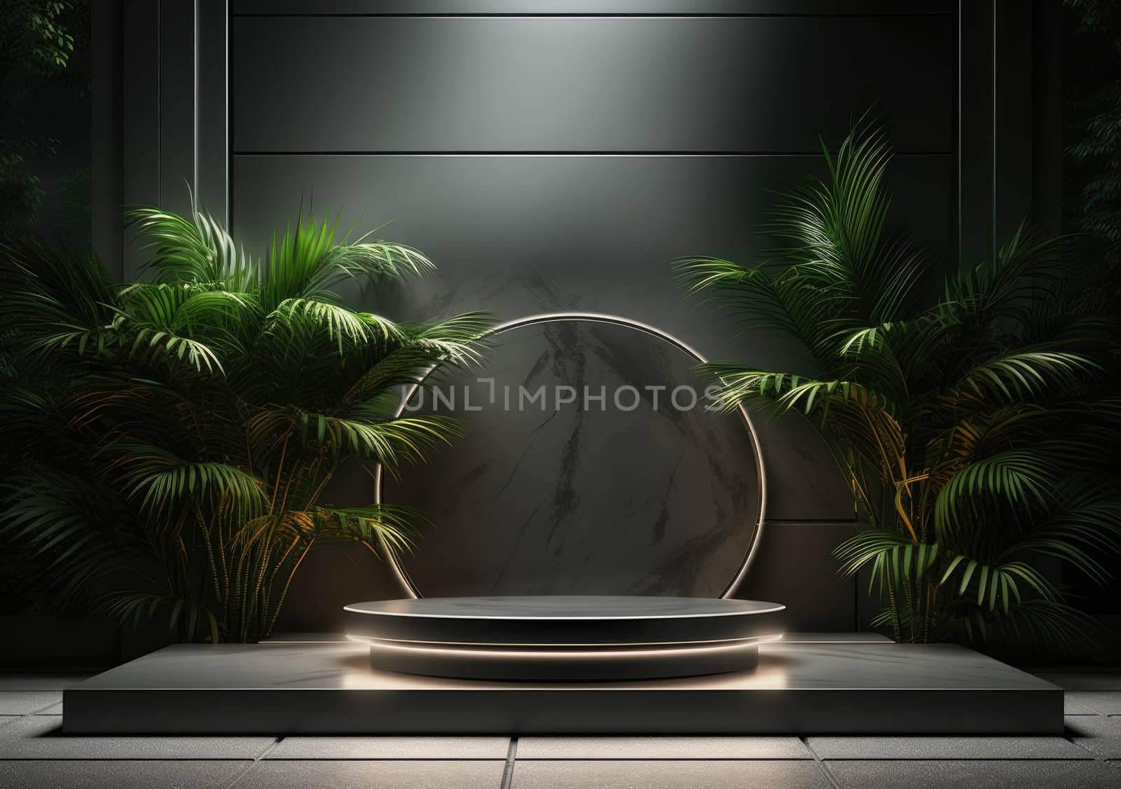 Dark podium, showcase for advertising products and goods. Display with natural stones and green tropical branches. Background for natural cosmetics and branding by PeaceYAY