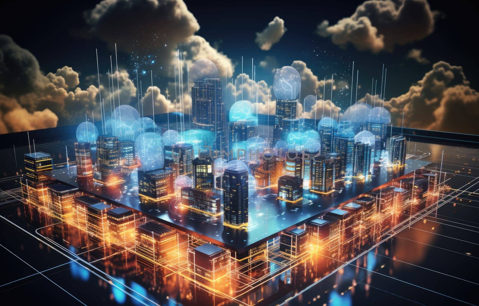 Cloud computing concept. Smart city wireless internet communication with cloud storage, cloud services. Download, upload data on server. Digital cloud over virtual Smart City on podium.