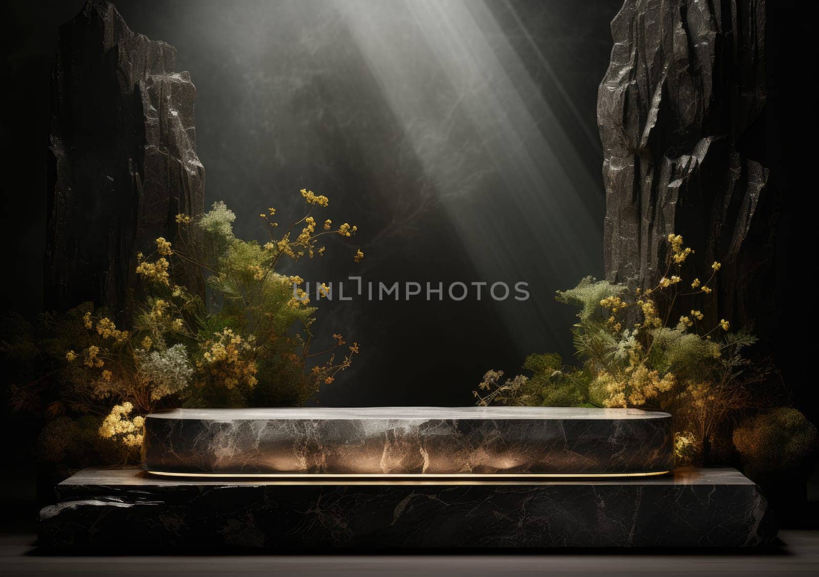 Dark podium, showcase for advertising products and goods. Display with natural stones and green tropical branches. Background for natural cosmetics and branding by PeaceYAY