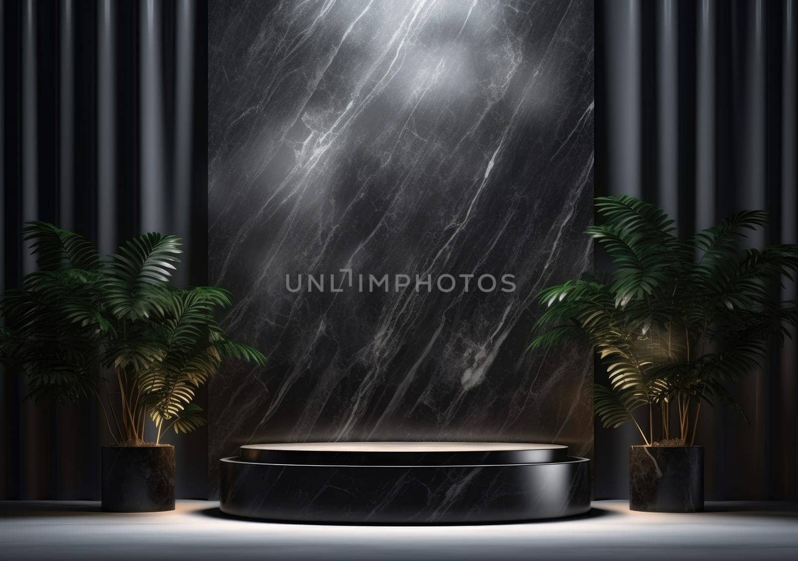 Dark podium, showcase for advertising products and goods. Display with natural stones and green tropical branches. Background for natural cosmetics and branding.