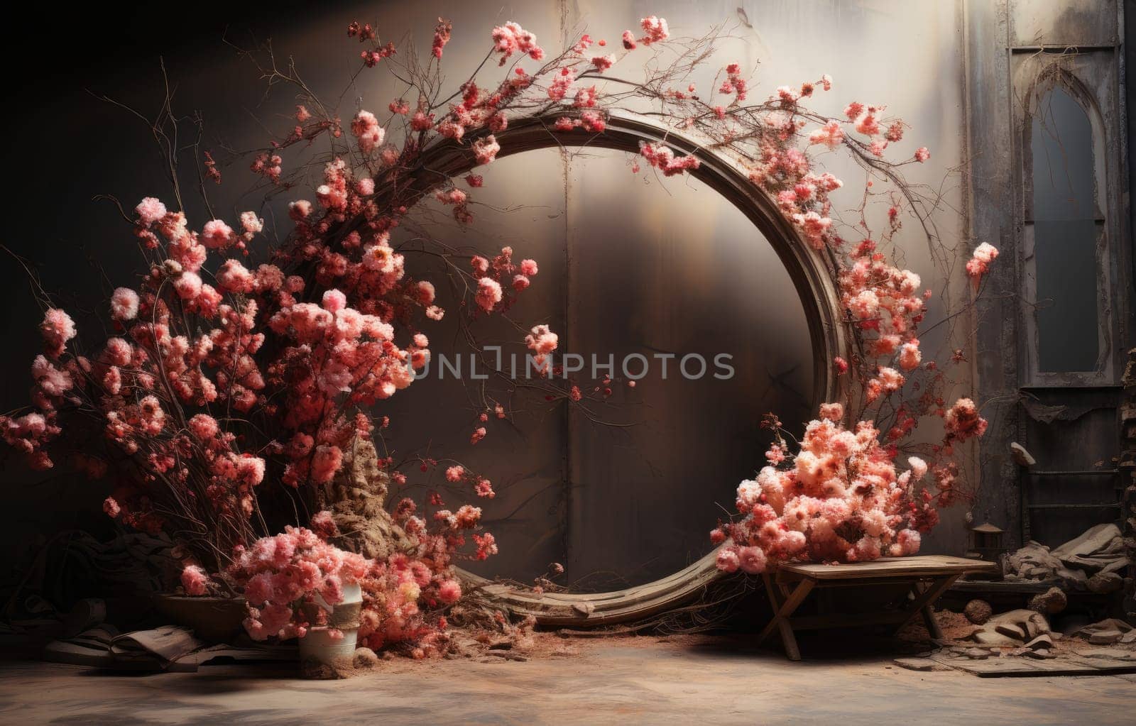 floral hoop digital backdrops. shoot set up with prop Flower and wood backdrop. Flower on hanging round.