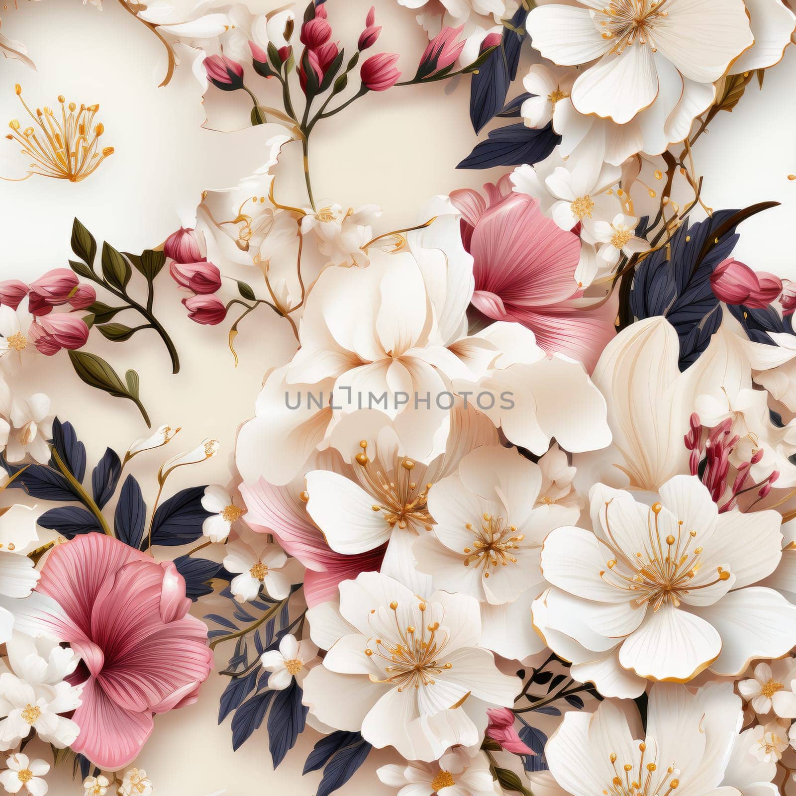 Floral Pattern with colourful big peony flowers, classic baroque peony flowers with petals, leaves and buds, seamless.