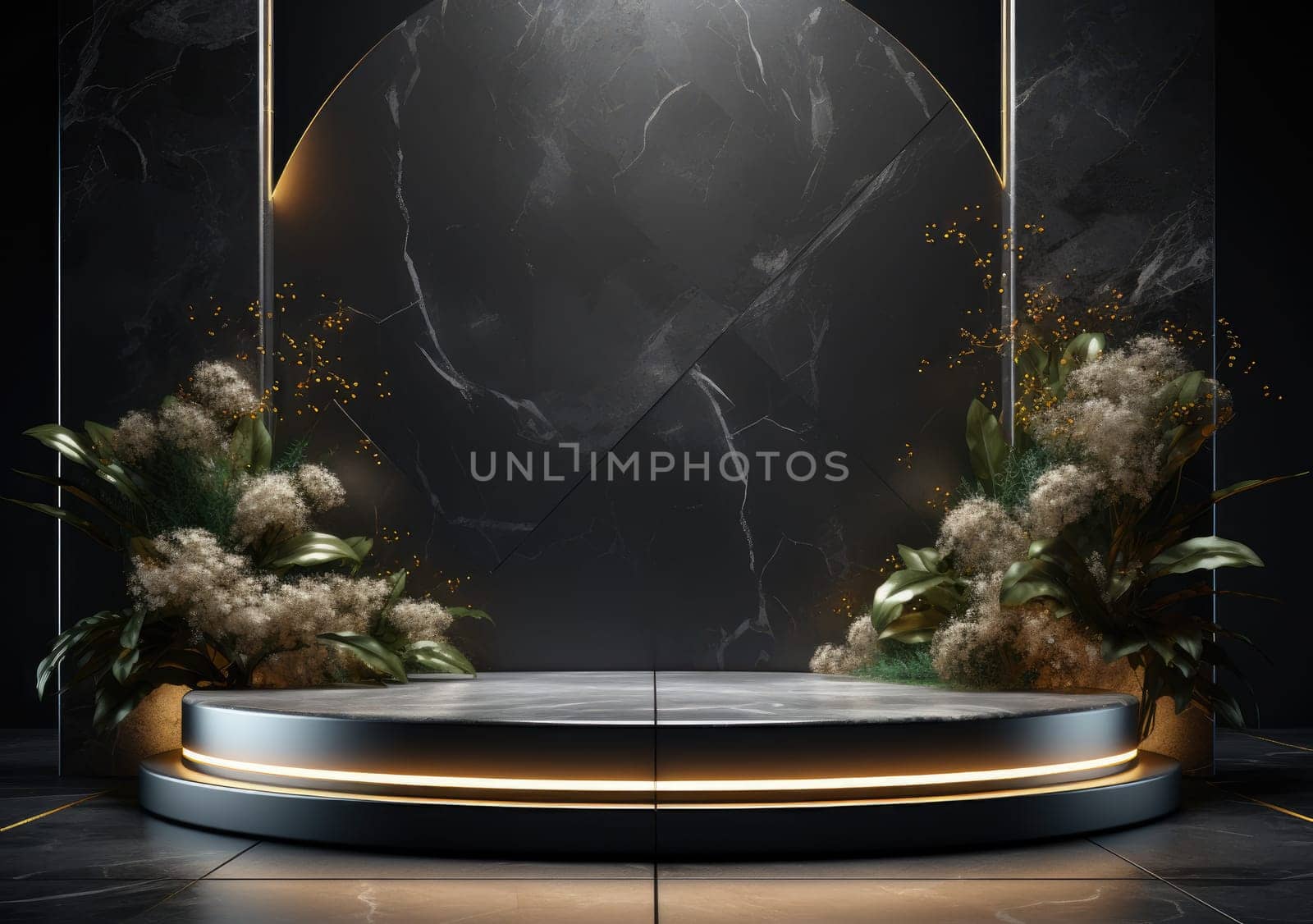 Dark podium, showcase for advertising products and goods. Display with natural stones and green tropical branches. Background for natural cosmetics and branding by PeaceYAY